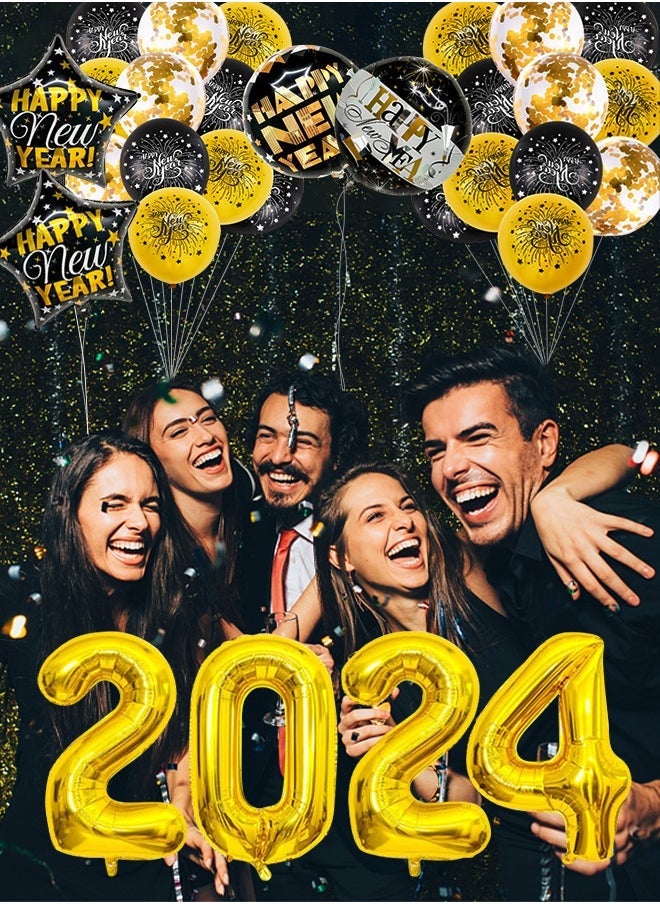 جرويك 43 قطعة طقم بالونات الذهب الأسود 2024 مستلزمات حفلات سنة جديدة سعيدة ، لوازم الحفلات مع سنة جديدة سعيدة 2024 خلفية لافتة ليلة رأس السنة الجديدة زينة حفلة - Image 3