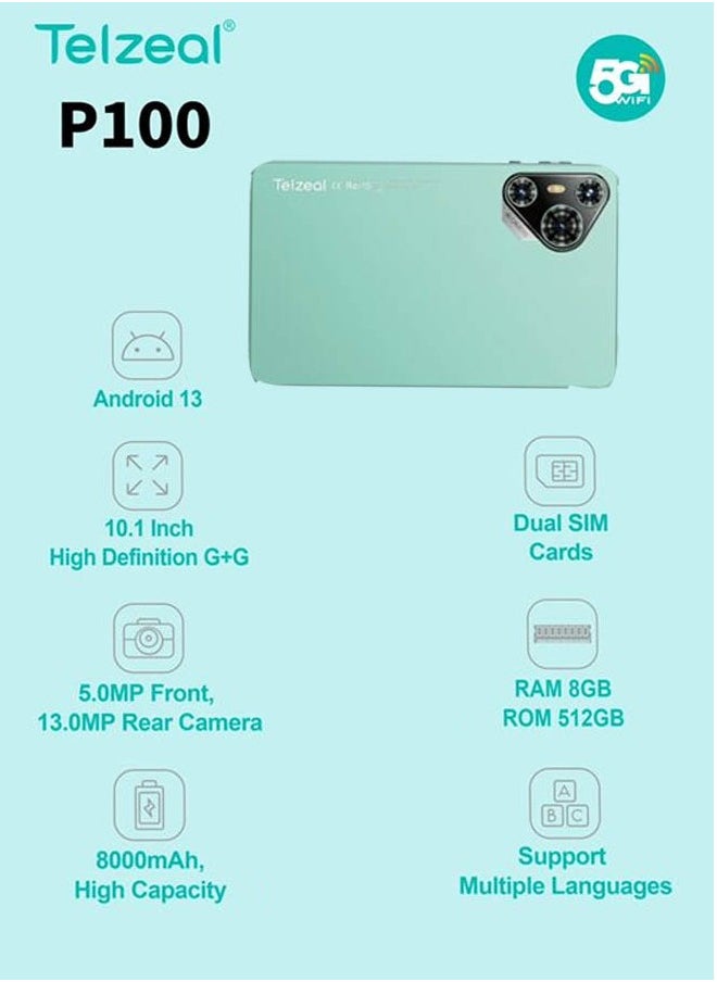 Telzeal Telzeal P100 10.1 Inch Android 13 Tablet with 5G WiFi and Dual SIM 8GB RAM 512GB ROM 8000 mAh High Capacity Battery Wireless Keyboard and Mouse Green  - Image 4
