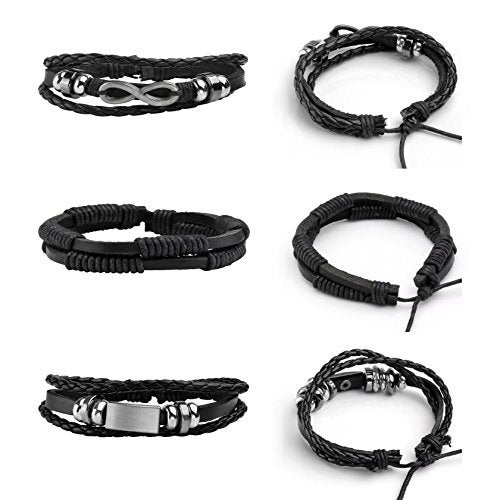 MILAKOO 5 Pcs Braided Leather Bracelets for Men Women Woven Braided Cuff Wristband Adjustable - Image 2