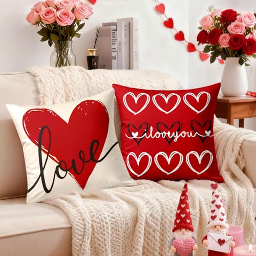 YOSICHY Valentines Day Decorations-Valentine Pillow Covers 18x18 Set of 4, Red Hearts I Love You Happy Valentine's Day Throw Outdoor Pillow Covers Anniversary Wedding Cushion Case for Home Sofa Couch Decor - Image 2