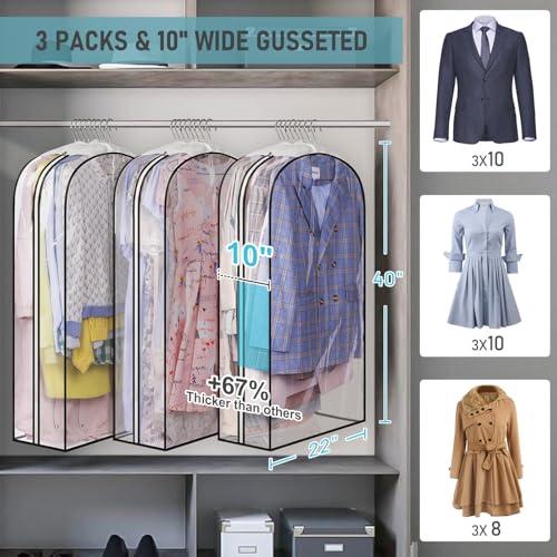MISSLO 10" Gusseted All Clear Garment Bags for Hanging Clothes 3 Packs 40" Suit Bags for Closet Storage Hanging Clothes Storage Suit Cover for Shirts, Coats, Dresses - Image 2