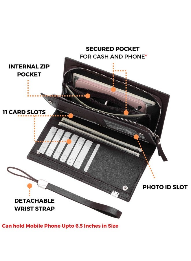 إليوس محفظة نسائية من Elios مصنوعة من جلد البولي يوريثان بسعة كبيرة وحاملة للبطاقات والهاتف ومنظم محفظة نسائية مع حزام معصم (أسود) - Image 4