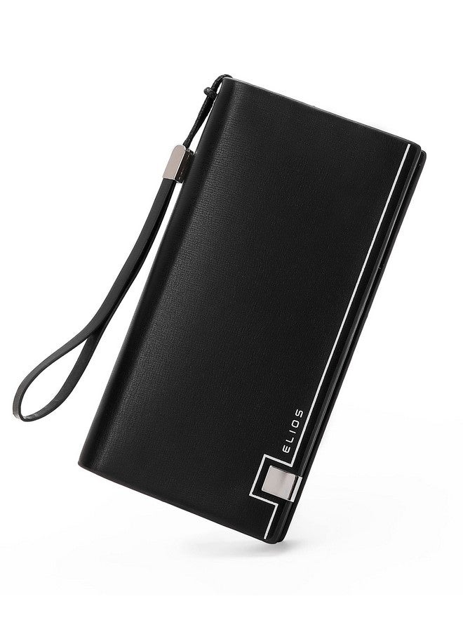 إليوس محفظة نسائية من Elios مصنوعة من جلد البولي يوريثان بسعة كبيرة وحاملة للبطاقات والهاتف ومنظم محفظة نسائية مع حزام معصم (أسود) - Image 1