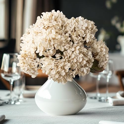 Uqueeten Artificial Flower Fake Silk Hydrangea Heads Bouquet with Stems Bulk for Fall Decoration Table Center Christmas Indoor Outdoor Faux Floral Realistic with Leaves Plants Crafts 8PCSWhite - Image 1