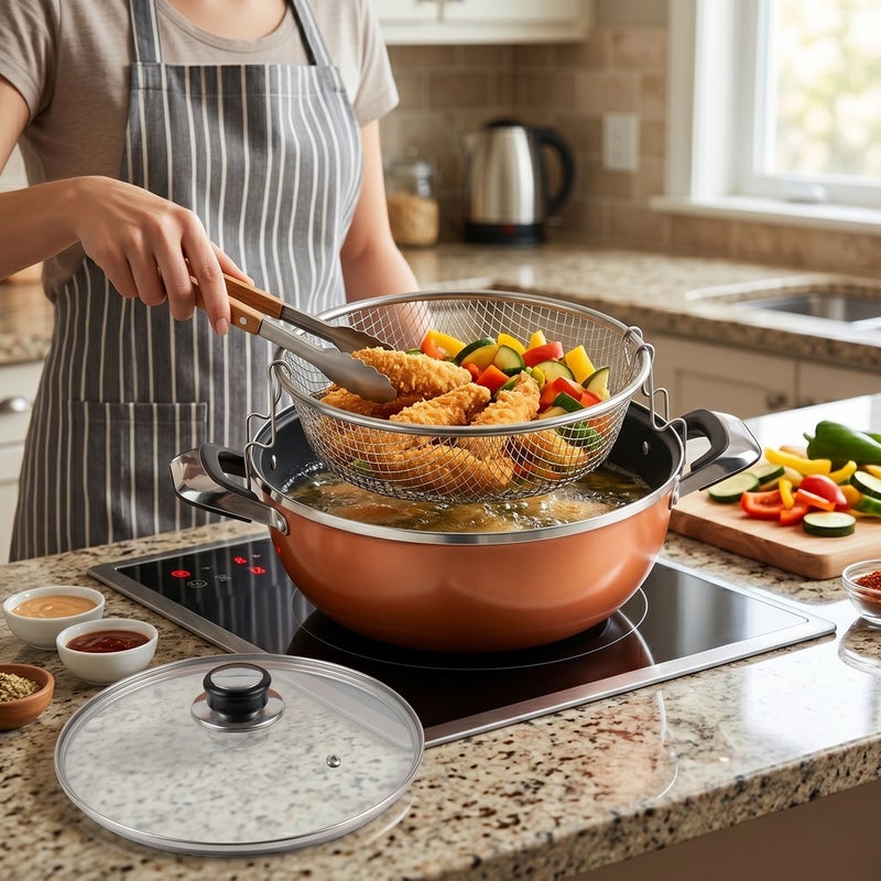 Deep Fryer Pot Set with Mesh Basket & Glass Lid Non-Stick 26cm - Dark Orange - A1-486 - Image 2