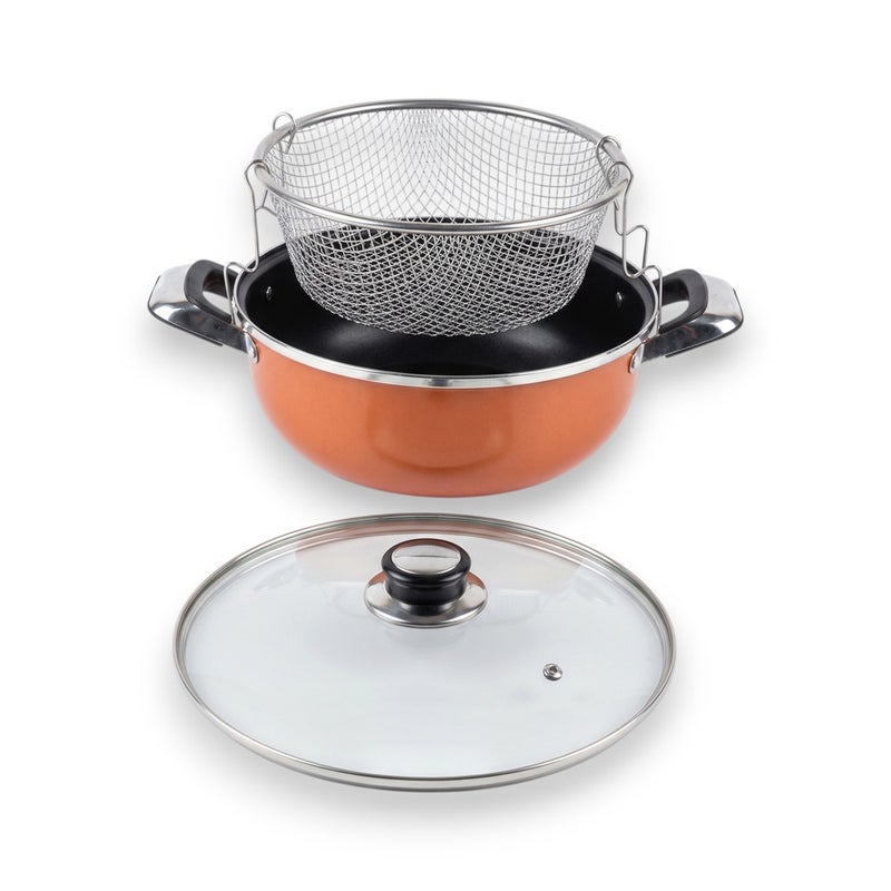 Deep Fryer Pot Set with Mesh Basket & Glass Lid Non-Stick 26cm - Dark Orange - A1-486 - Image 1