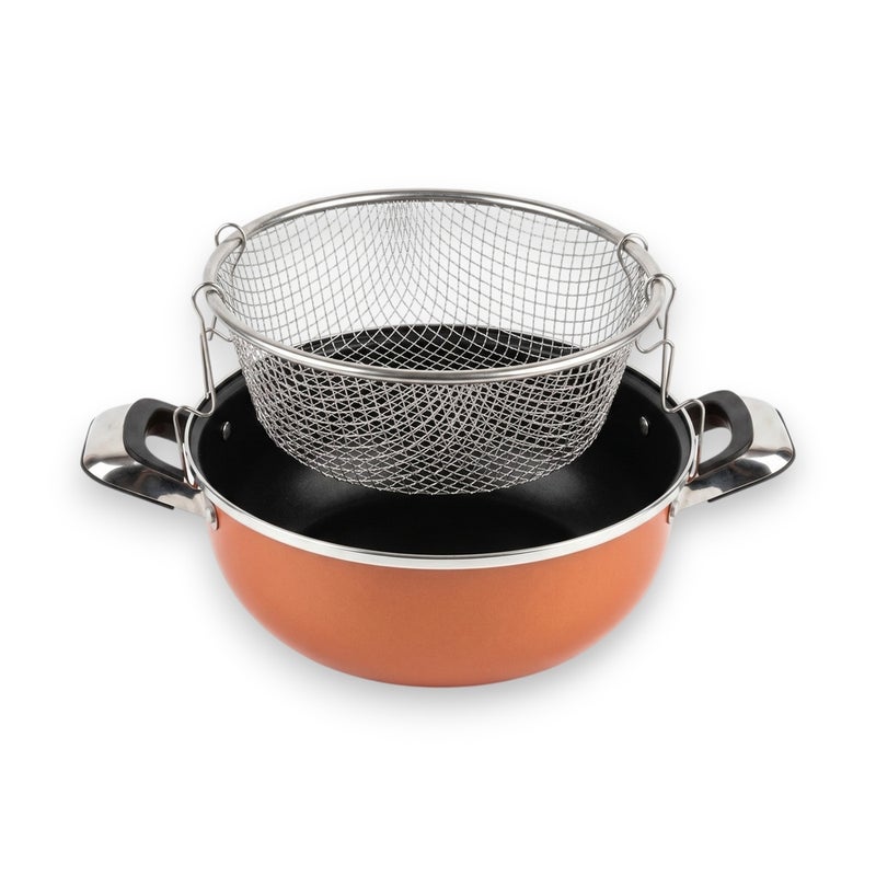 Deep Fryer Pot Set with Mesh Basket & Glass Lid Non-Stick 26cm - Dark Orange - A1-486 - Image 5