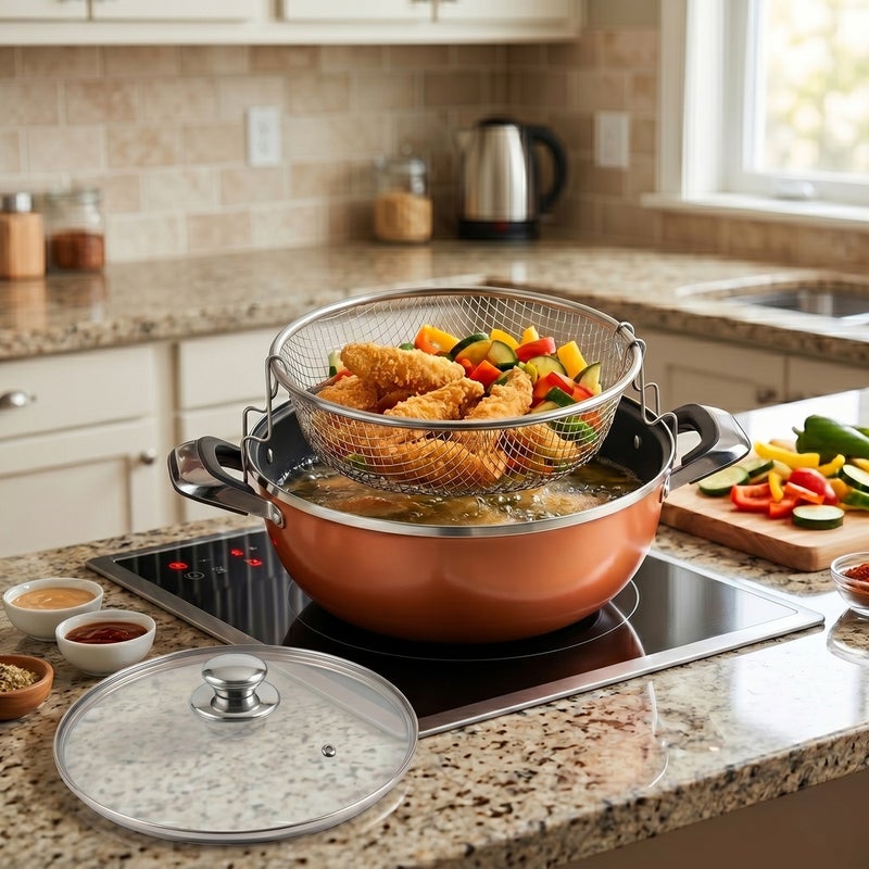 Deep Fryer Pot Set with Mesh Basket & Glass Lid Non-Stick 26cm - Dark Orange - A1-486 - Image 3