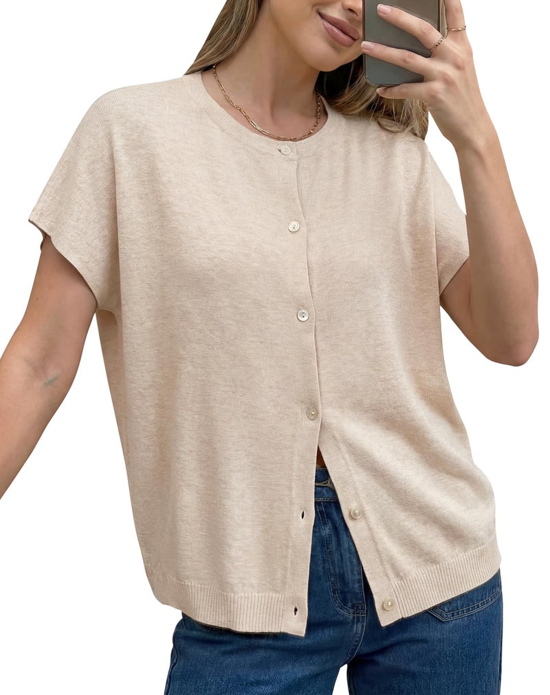Arach&Cloz Women's Oversized Spring Cardigan Batwing Short Sleeve Wool Blend Knit Lightweight Business Casual Crew Neck Button Up Sweater Tops 2026 Summer Fashion Capsule Wardrobe OutfitsApricot XS - Image 1
