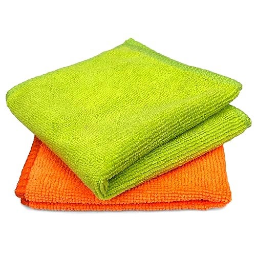 Tukzer Microfiber Cloth - 2 pcs 25X25 cms 280 GSM Cleaning Kit Cloth for Laptop, Monitor, Camera Lens, Binoculars, TV Projector, Electronics (Orange - Green) - Image 1