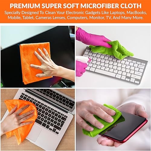 Tukzer Microfiber Cloth - 2 pcs 25X25 cms 280 GSM Cleaning Kit Cloth for Laptop, Monitor, Camera Lens, Binoculars, TV Projector, Electronics (Orange - Green) - Image 3