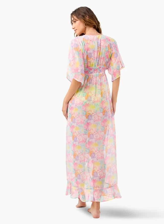 Splash FAV All-Over Floral Print Cover-Up with Tie-Ups and Shirred Detail
