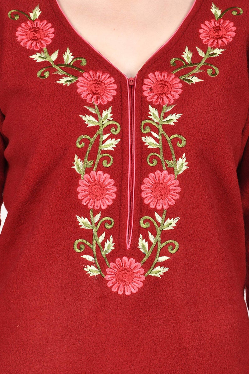 Noty Store Noty Women Woolen Winter Fleece Floor Length Nighty 3/4 Sleeve - (Maroon) - Image 5