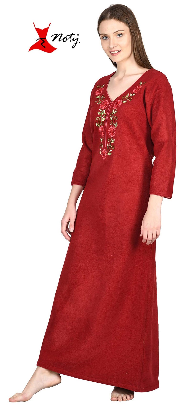 Noty Store Noty Women Woolen Winter Fleece Floor Length Nighty 3/4 Sleeve - (Maroon) - Image 2