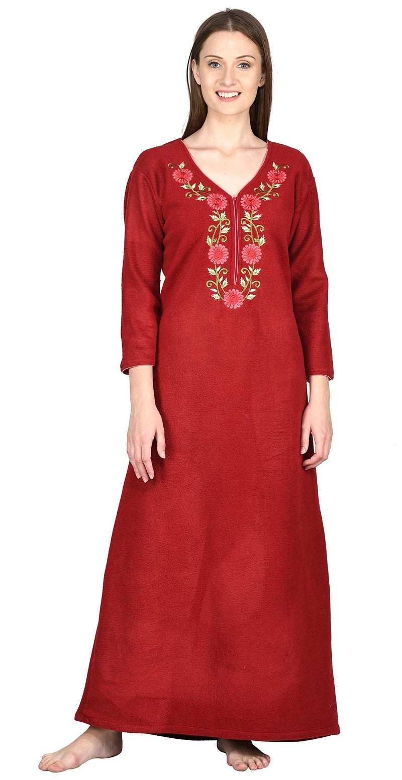 Noty Store Noty Women Woolen Winter Fleece Floor Length Nighty 3/4 Sleeve - (Maroon) - Image 1