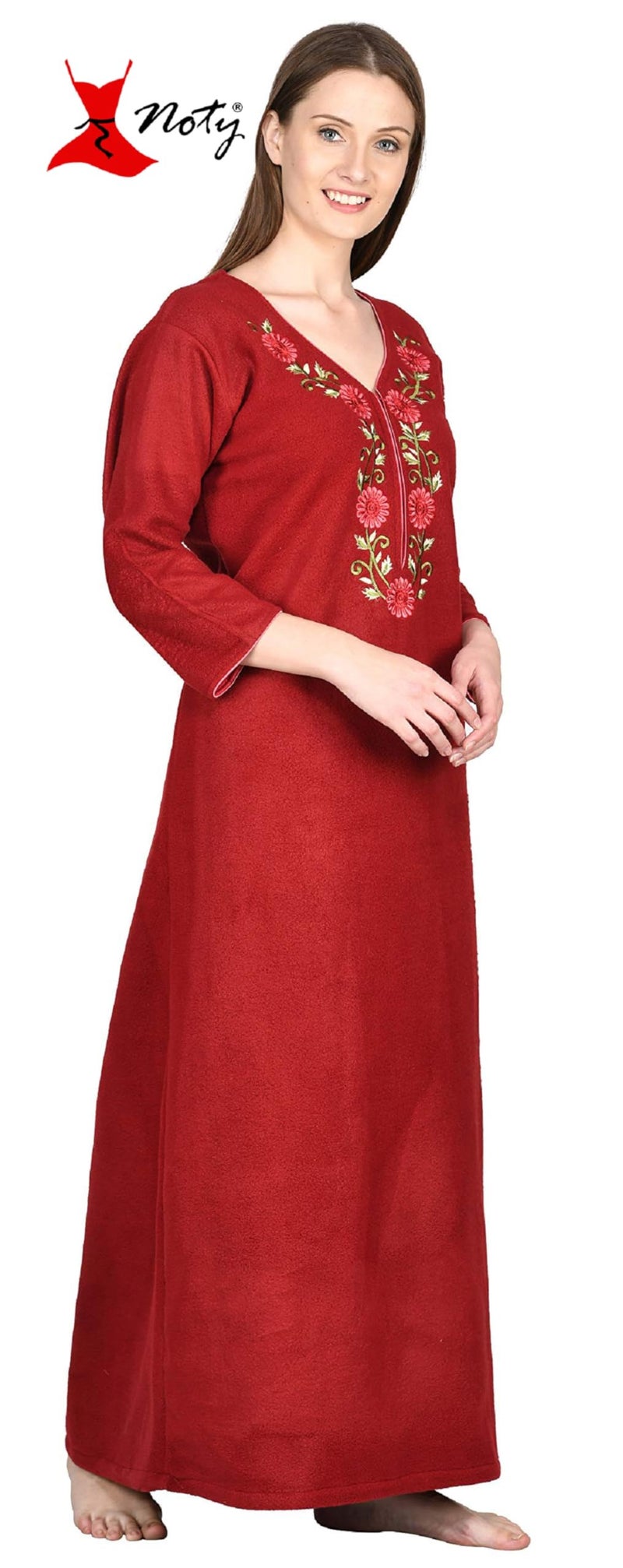 Noty Store Noty Women Woolen Winter Fleece Floor Length Nighty 3/4 Sleeve - (Maroon) - Image 3
