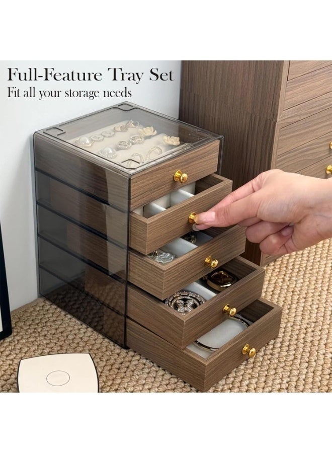 صندوق مجوهرات خشبي خمس طبقات مع غطاء أكريليك شفاف منظم مجوهرات فاخر للقلادات والخواتم والأساور والأقراط – علبة تخزين وعرض مجوهرات للنساء والفتيات – تصميم عتيق أنيق عملي لحماية المجوهرات ومنع الخدوش والغبار – مثالي للهدايا في أعياد الميلاد والمناسبات الخاصة 13 × 13 × 18.5 سم - Image 5
