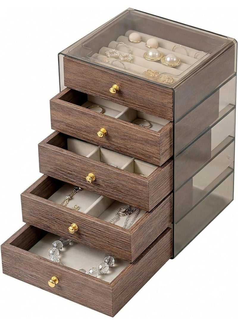 صندوق مجوهرات خشبي خمس طبقات مع غطاء أكريليك شفاف منظم مجوهرات فاخر للقلادات والخواتم والأساور والأقراط – علبة تخزين وعرض مجوهرات للنساء والفتيات – تصميم عتيق أنيق عملي لحماية المجوهرات ومنع الخدوش والغبار – مثالي للهدايا في أعياد الميلاد والمناسبات الخاصة 13 × 13 × 18.5 سم - Image 1