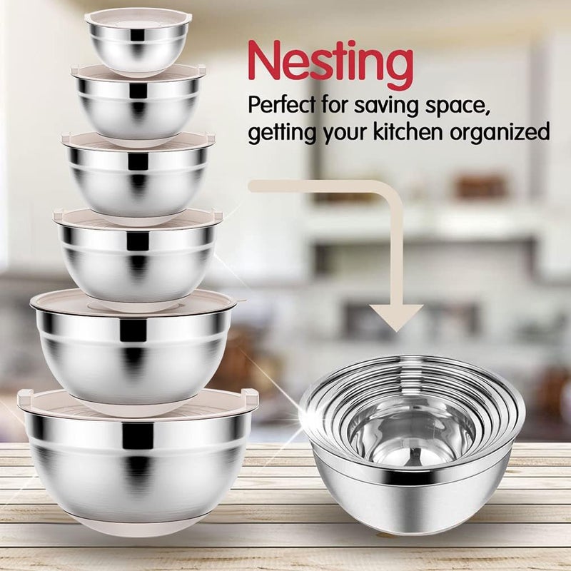 Rottay Mixing Bowls Set with Airtight Lids: 20PCS Stainless Steel Nesting Bowls - Size 7, 4, 3, 2, 1.5, 1QT Bowls with 3 Grater Attachments & Non-Slip Bottoms for Baking & Prepping - Image 5