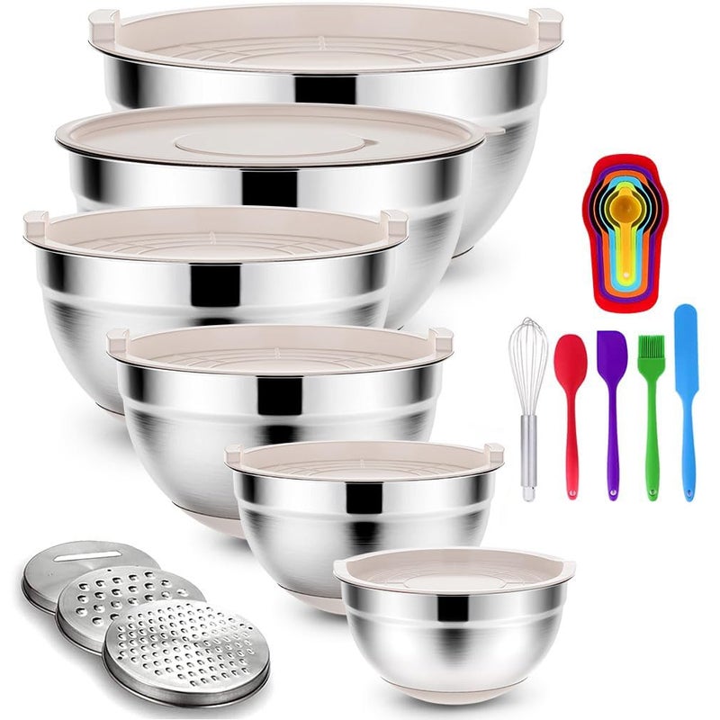 Rottay Mixing Bowls Set with Airtight Lids: 20PCS Stainless Steel Nesting Bowls - Size 7, 4, 3, 2, 1.5, 1QT Bowls with 3 Grater Attachments & Non-Slip Bottoms for Baking & Prepping - Image 1