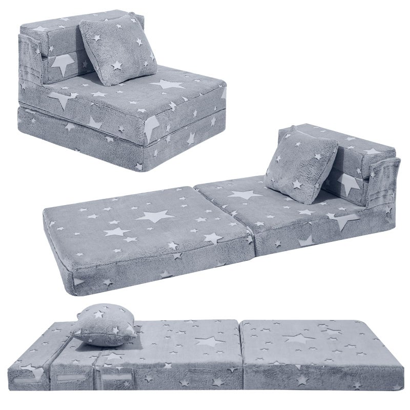 MeMoreCool Kids Tri-Fold Sofa Bed â€“ Glow Star Floor Mattress & Foldable Futon Chair Convertible Toddler Couch | Soft Plush Lounge Mat | Playroom Furniture | Includes Pillow - Image 1