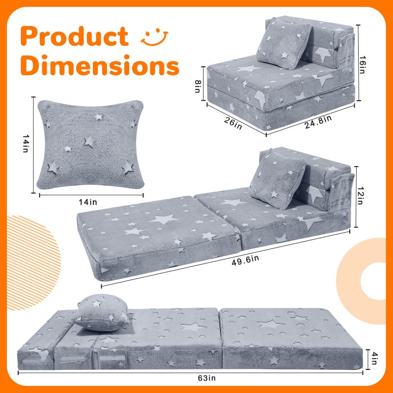 MeMoreCool Kids Tri-Fold Sofa Bed â€“ Glow Star Floor Mattress & Foldable Futon Chair Convertible Toddler Couch | Soft Plush Lounge Mat | Playroom Furniture | Includes Pillow - Image 5