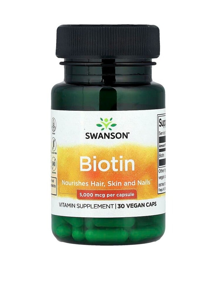 SWANSON Biotin 5,000 mcg 30 Vegan Caps - Image 1