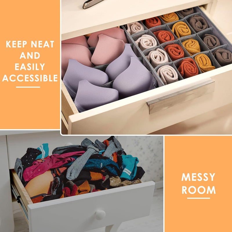 Criusia 3 Pack Bra Underwear Drawer Organizer Dividers, 26 Cell Fabric Foldable Dresser Closet Organizers and Storage Boxes for Baby Clothes, Bra, Socks, Underwear, Ties (5+5+16 Slots, Grey) - Image 3