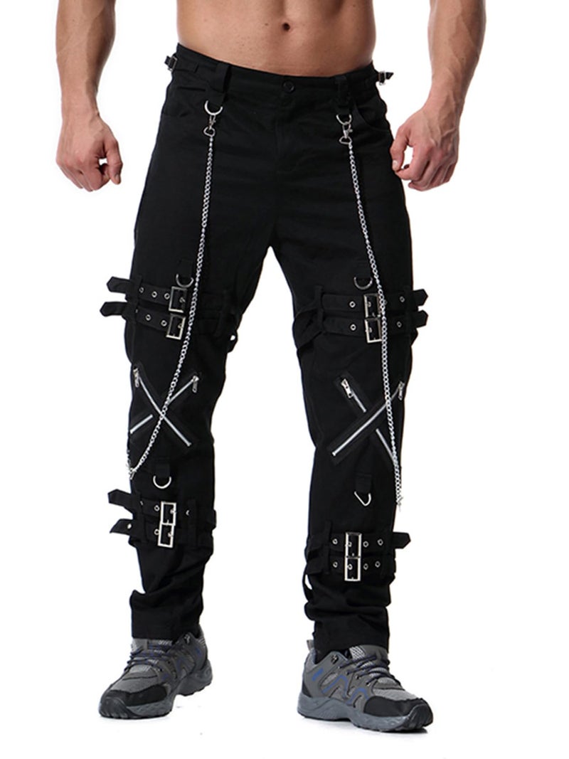 Idopy Men`s Steampunk Gothic Hip Hop Party Cosplay Punk Rock Pants Edgy Streetwear with Chain Black-32 - Image 1