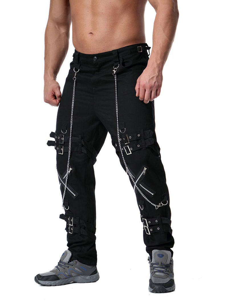 Idopy Men`s Steampunk Gothic Hip Hop Party Cosplay Punk Rock Pants Edgy Streetwear with Chain Black-32 - Image 2