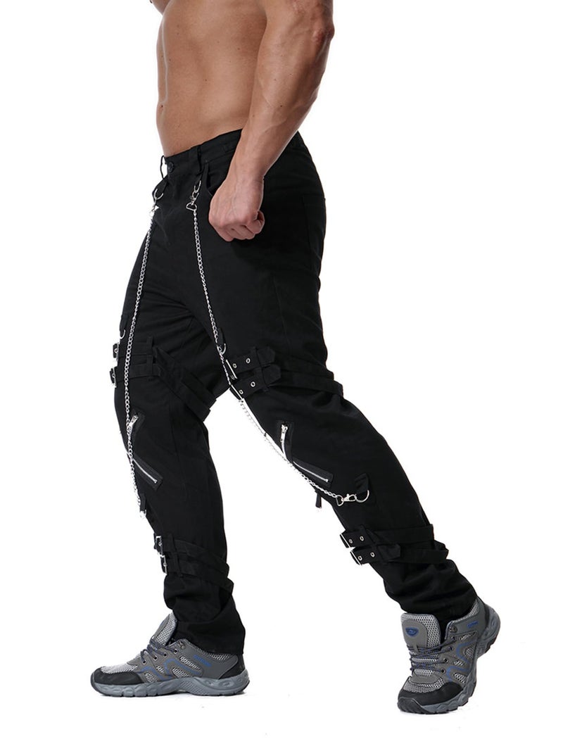 Idopy Men`s Steampunk Gothic Hip Hop Party Cosplay Punk Rock Pants Edgy Streetwear with Chain Black-32 - Image 4