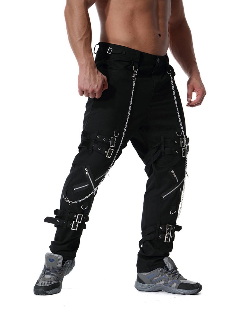 Idopy Men`s Steampunk Gothic Hip Hop Party Cosplay Punk Rock Pants Edgy Streetwear with Chain Black-32 - Image 3