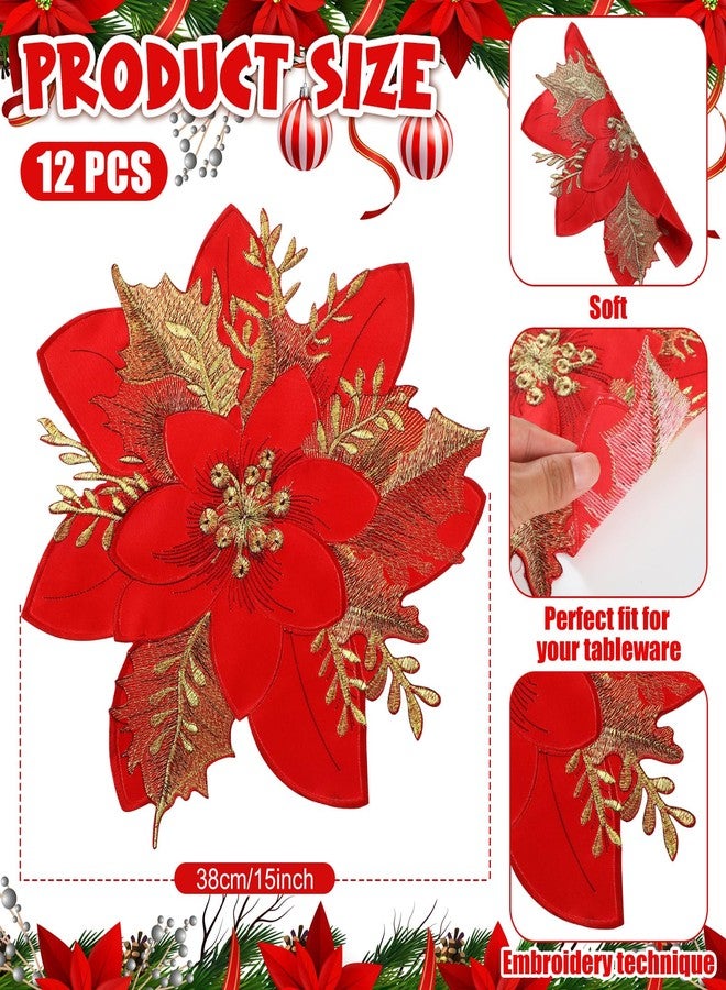 Suttmin 12 Pcs Christmas Poinsettia Embroidered Flower Placemats Poinsettia Placemats for Christmas Decorations Indoor Home Xmas Party Table Top Decoration - Image 2