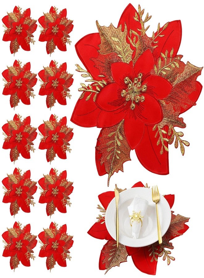 Suttmin 12 Pcs Christmas Poinsettia Embroidered Flower Placemats Poinsettia Placemats for Christmas Decorations Indoor Home Xmas Party Table Top Decoration - Image 1