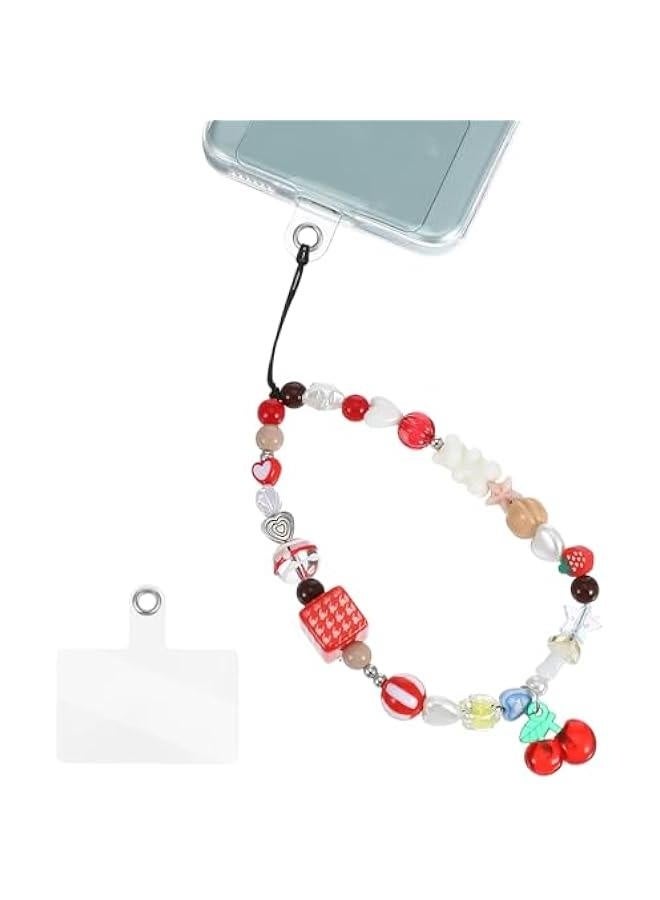 Cute Cherry Phone Charm, Beaded Cell Phone Charms Wrist Strap with Tether Tab Keychain Decoration Phone Lanyards for Wallet Women - Image 1