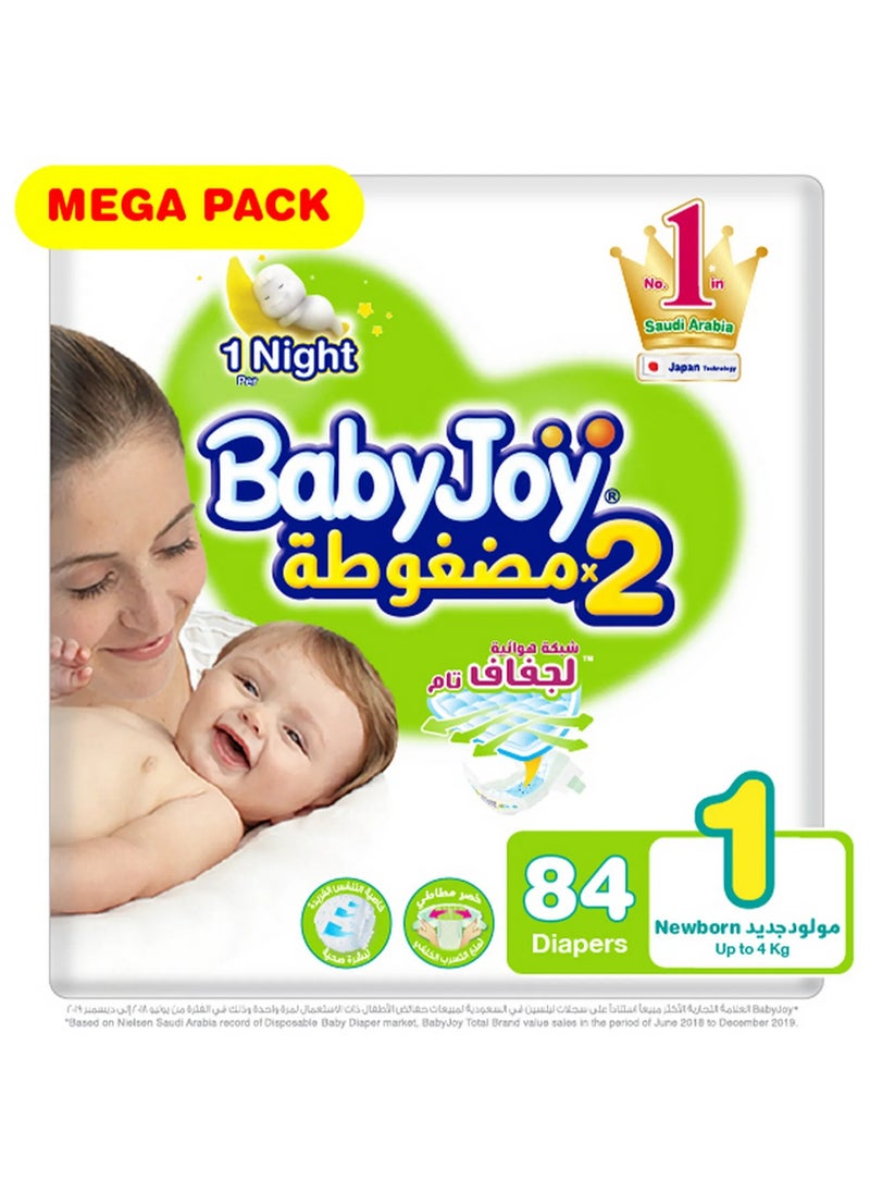 Baby Joy BabyJoy Compressed Diamond Pad Tape Style Diapers, 84 Pieces Mega Pack, Size 1 Newborn, 0 to 4kg - 12Hrs Leakage Protection, Cottony Soft, Waist Stretch, Breathable 