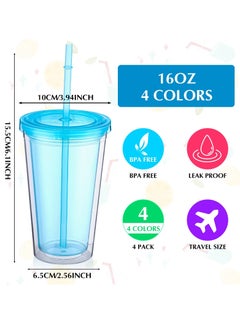 KASTWAVE Reusable Transparent Plastic Cup Set, 4 Colored Insulated Double Wall Plastic Tumbler with Lids and Straws, Clear Plastic Tumblers Bulk for Coffee Drinks Milk Tea Juice (16 oz, 4 Pieces)  - Image 2