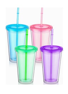 KASTWAVE Reusable Transparent Plastic Cup Set, 4 Colored Insulated Double Wall Plastic Tumbler with Lids and Straws, Clear Plastic Tumblers Bulk for Coffee Drinks Milk Tea Juice (16 oz, 4 Pieces)  - Image 1