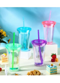KASTWAVE Reusable Transparent Plastic Cup Set, 4 Colored Insulated Double Wall Plastic Tumbler with Lids and Straws, Clear Plastic Tumblers Bulk for Coffee Drinks Milk Tea Juice (16 oz, 4 Pieces)  - Image 4
