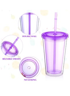 KASTWAVE Reusable Transparent Plastic Cup Set, 4 Colored Insulated Double Wall Plastic Tumbler with Lids and Straws, Clear Plastic Tumblers Bulk for Coffee Drinks Milk Tea Juice (16 oz, 4 Pieces)  - Image 3