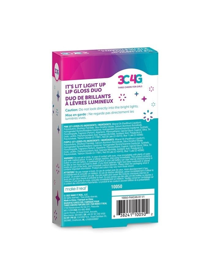 3C4G THREE CHEERS FOR GIRLS - It's Lit Light Up Lip Gloss Duo - Glitter Lip Gloss for Kids with Up Lid & Wand - 2 Pack Kids Lip Gloss Set - Strawberry Flavored Lip Gloss for Girls 8-10-12-14 - Image 1