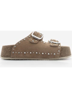 MARJIN Margin Women's Leather Stoned Double Banded Cork High Sole Olive Suede Casual Slippers Tusila  - Image 2