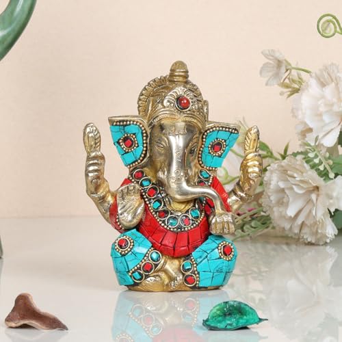Kartique Brass Ganesha Idol Statue - 4.5 Inch Height, Colorful Detailing, Seated Posture, Ideal for Home Decor and Worship, Brings Positive Energy - Image 1