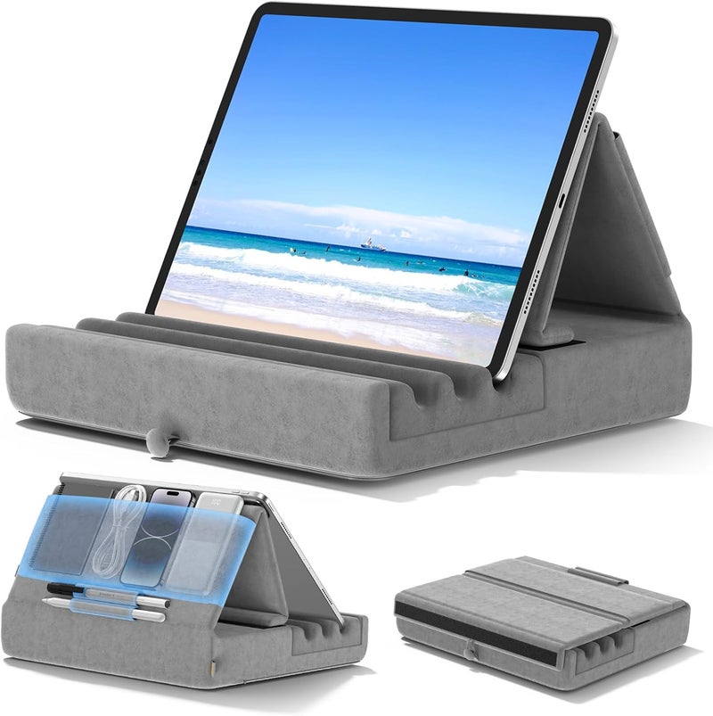 KDD Tablet Cushion Holder, Foldable iPad Cushion Holder for Lap Bed Desk - Tablet Holder Bed with Bag & Stylus Holder for iPad Pro 12.9 10.5 9.7 Air Mini 6 5 4 E-Reader Grey - Image 1