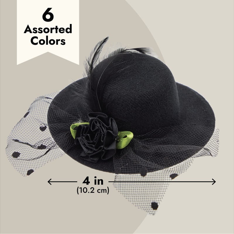 Juvale Mini Tea Party Hats - Clip-On Fascinator Hats for Women & Girls - Feather & Flower Accents for Tea Party Decorations - Pack of 6, 4 in, Multicolor - Image 3