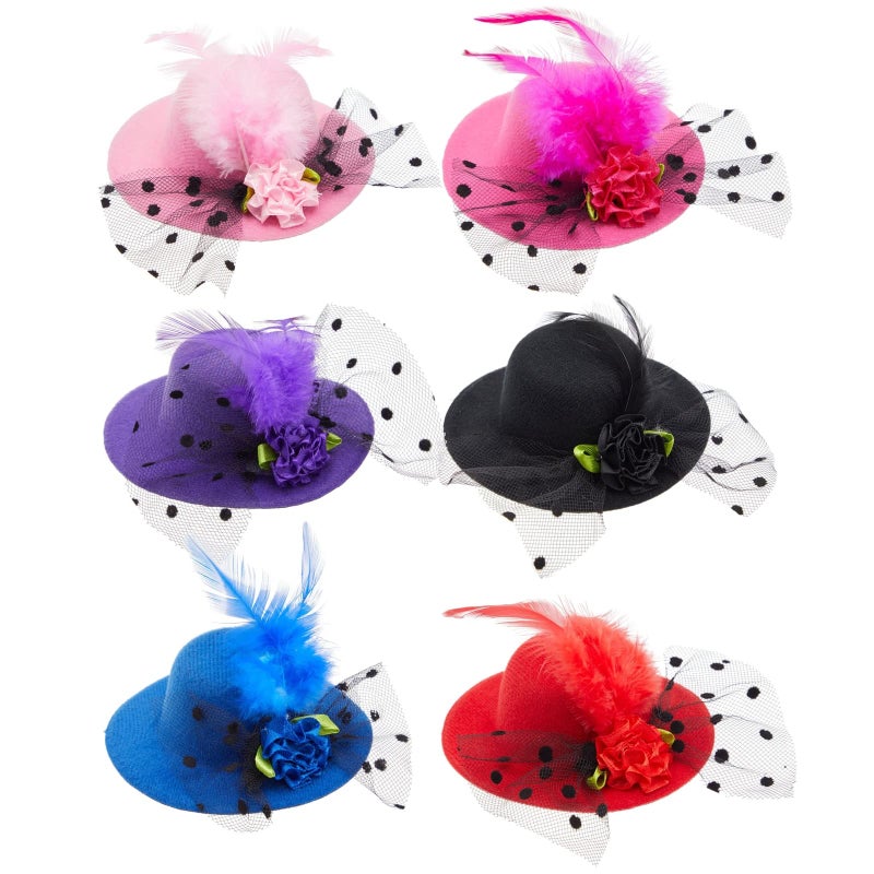 Juvale Mini Tea Party Hats - Clip-On Fascinator Hats for Women & Girls - Feather & Flower Accents for Tea Party Decorations - Pack of 6, 4 in, Multicolor - Image 1