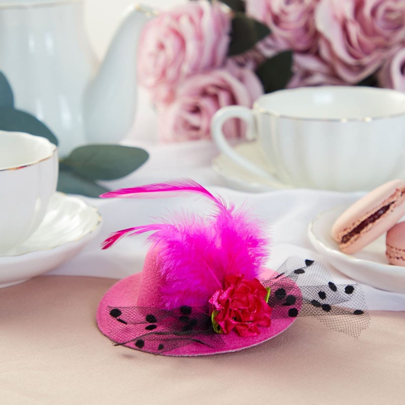 Juvale Mini Tea Party Hats - Clip-On Fascinator Hats for Women & Girls - Feather & Flower Accents for Tea Party Decorations - Pack of 6, 4 in, Multicolor - Image 4
