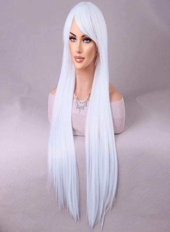 شعر مستعار أبيض طويل للنساء من WTHCOS، شعر مستعار طويل مستقيم مع غرة جانبية، قطع شعر وشعر مستعار - Image 1