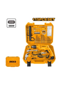 INGCO InGCO HKTHP11151 115 Piece Drill Set, Heavy Duty Hammer Drill Machine, 1 Piece 680W (ID6808), 220-240V ~ 50/60Hz, 13mm Key Chuck, Yellow, 0.5 inch 