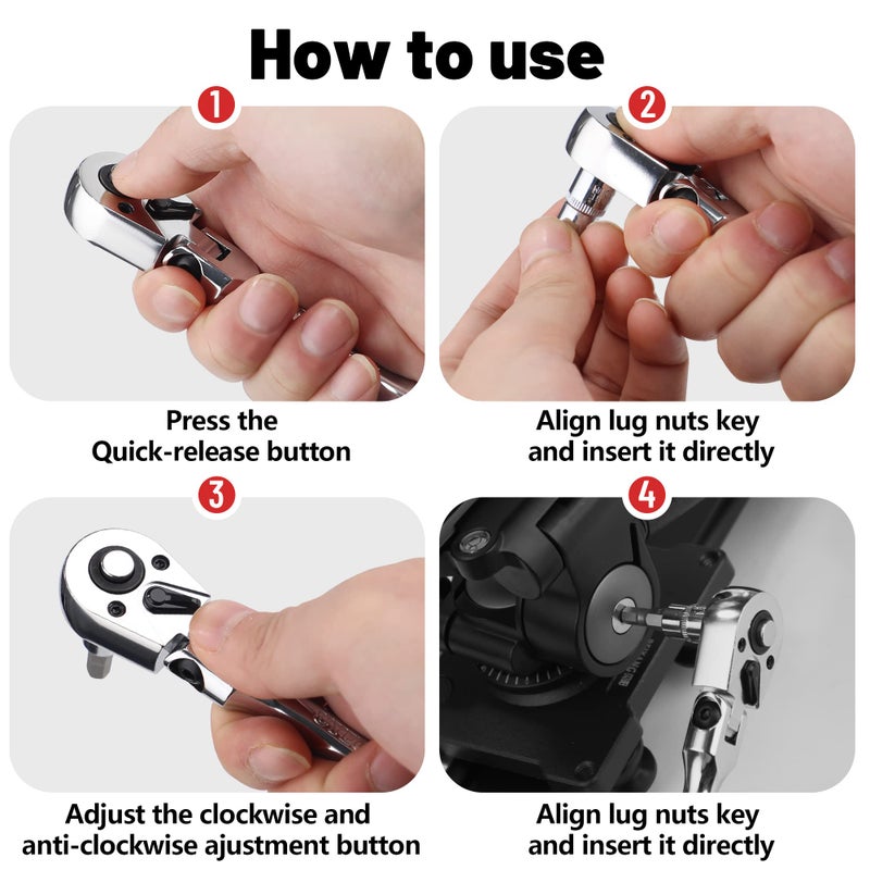 UYECOVE 3/8-Inch Drive Flex Head Ratchet With Long Handle - 72 Tooth Quick Release Swivel Socket Wrench - Cr-Mo Head, Flexible Handle - 18/457mm - Image 4